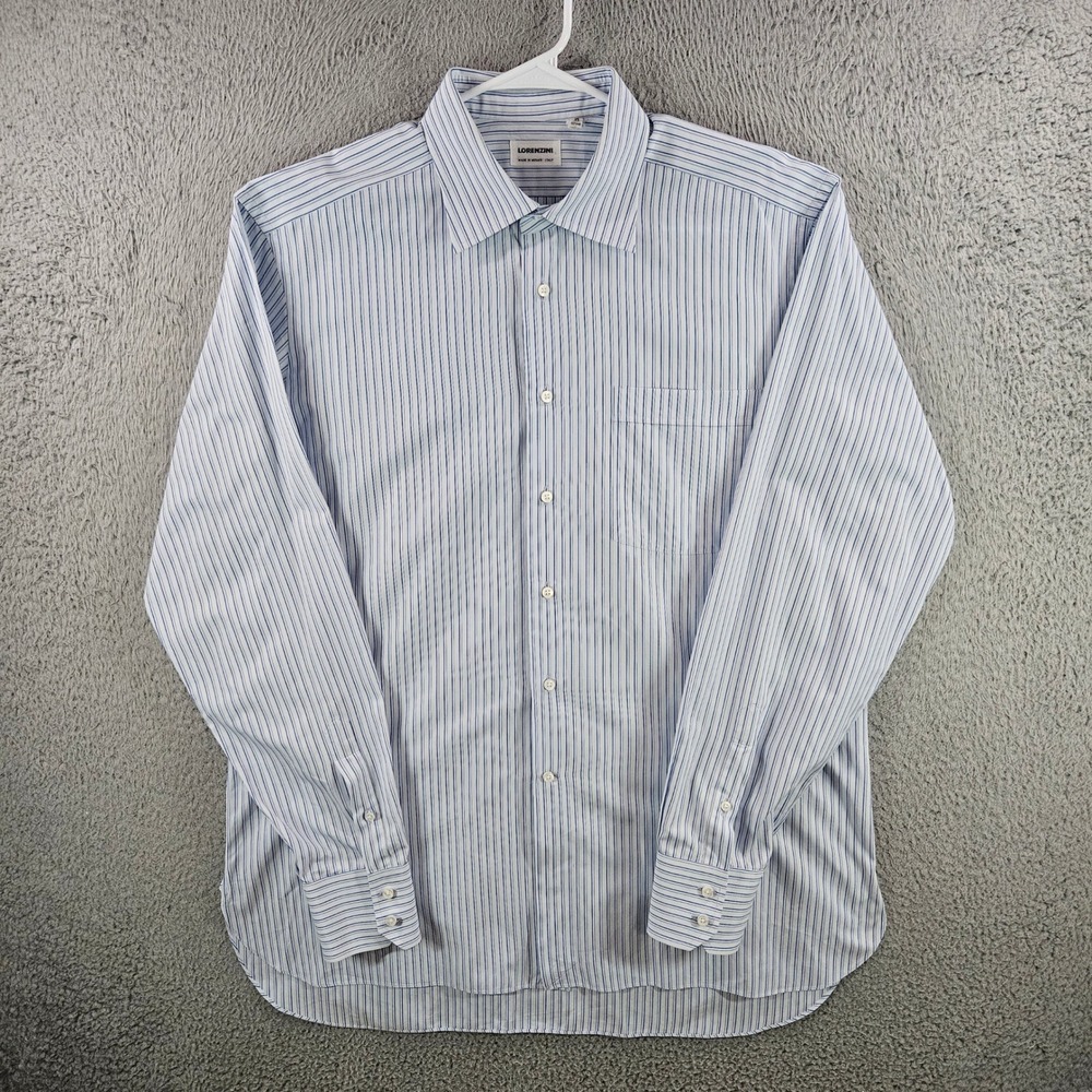 Lorenzini Mens Blue White Striped Cotton Dress Shirt Made in Italy Size 17 43